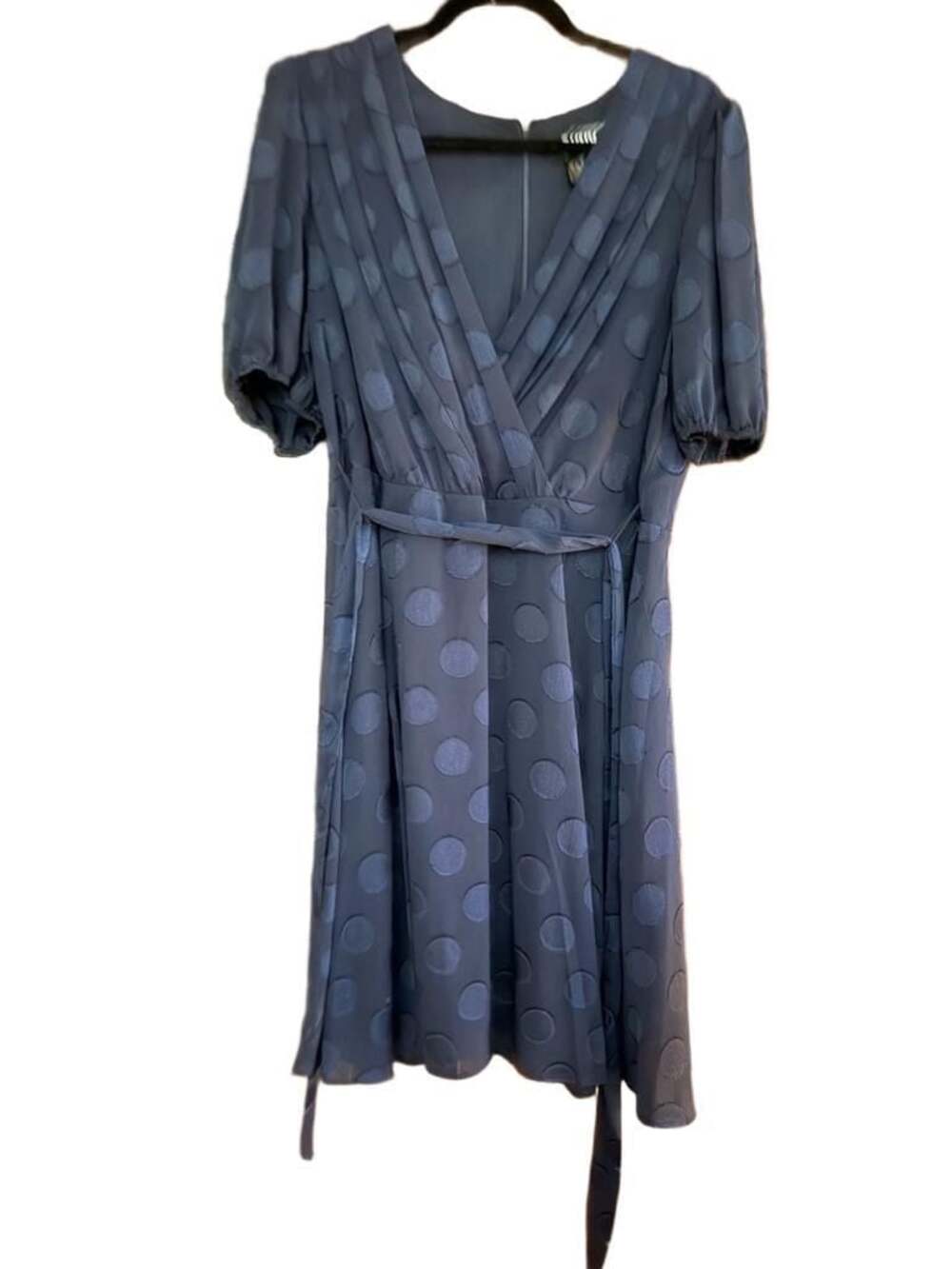 DKNY Women's Midnight Navy Blue Textured Polka Dot Faux-Wrap Short Sleeve Dress